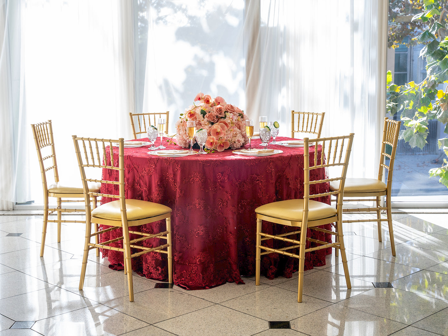 120" Round Burgundy Lace Tablecloth for Parties & Events