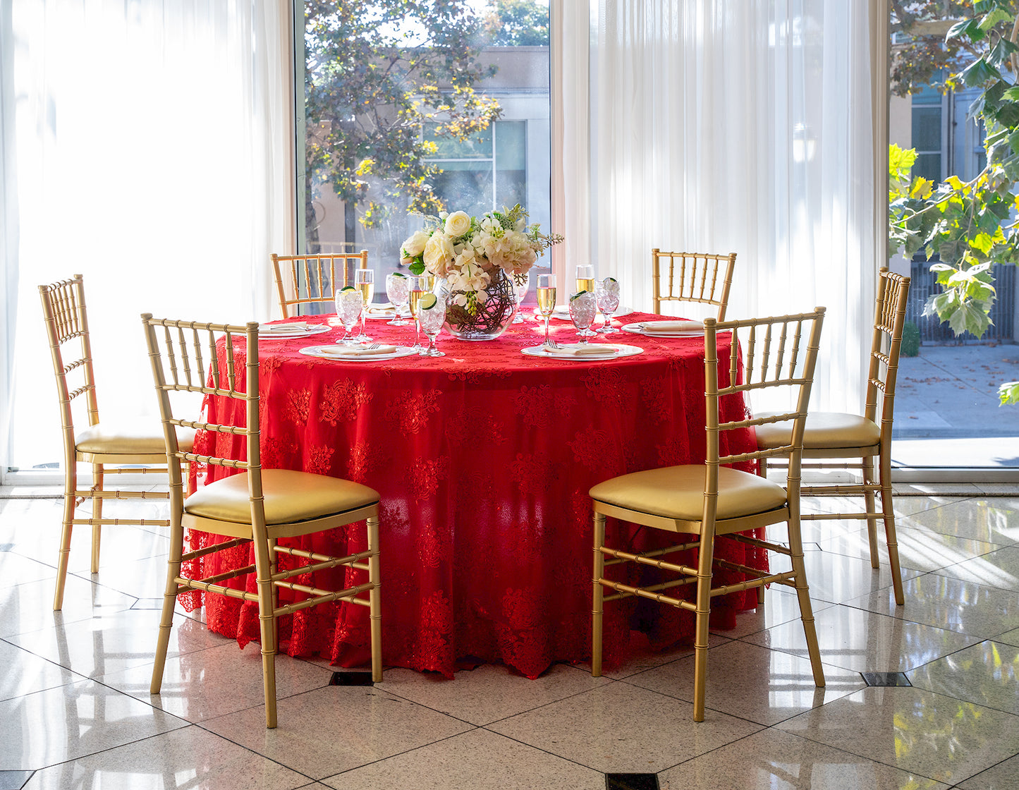 120" Round Apple Red Lace Tablecloth for Parties & Events