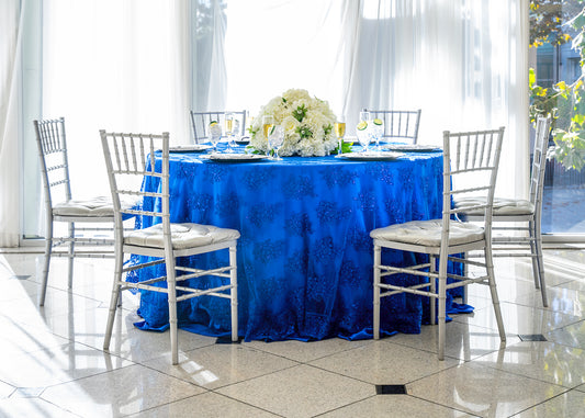 120" Round Royal Blue Lace Tablecloth for Parties & Events