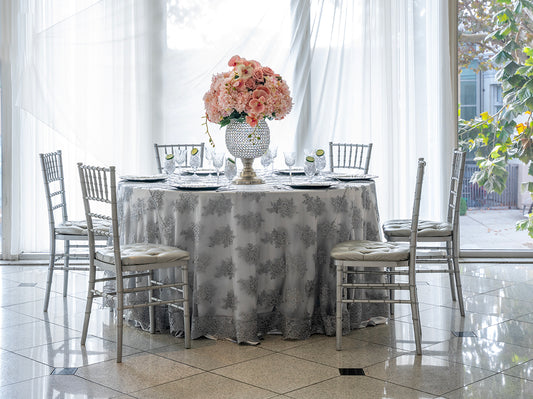 120" Round Gray Lace Tablecloth for Parties & Events