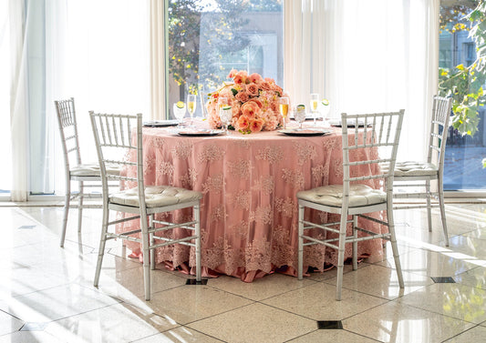 120" Round Mauve Lace Tablecloth for Parties & Events