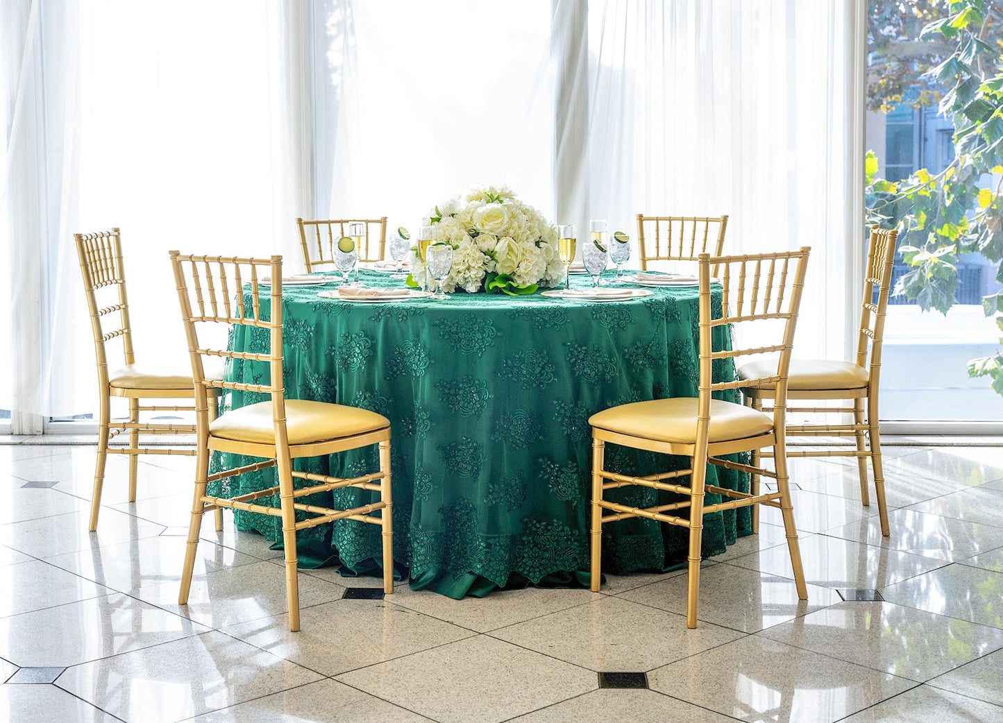 120" Round Emerald Green Lace Tablecloth for Parties & Events