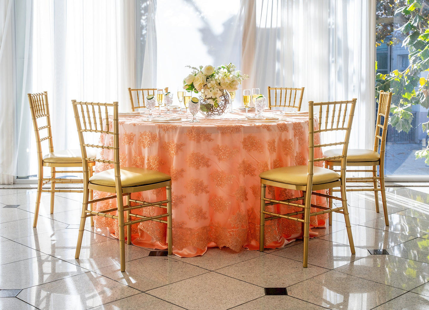 120" Round Blush Pink Lace Tablecloth for Parties & Events