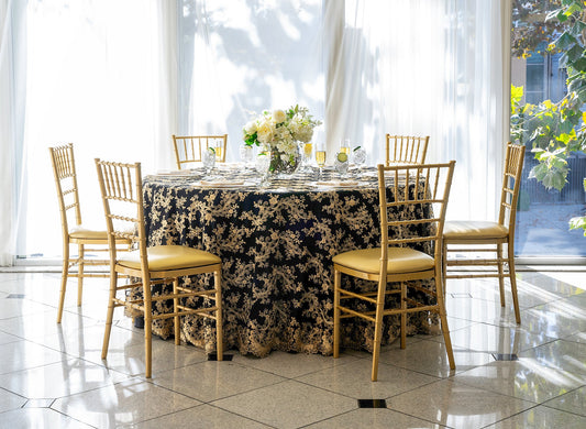 120" Round Black & Gold Lace Tablecloth for Parties & Events