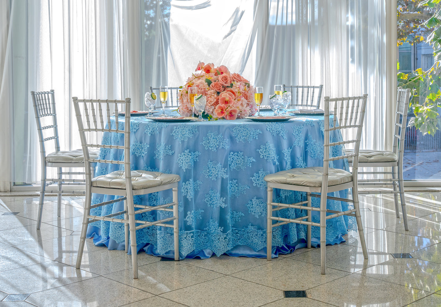 120" Round Bahama Blue Lace Tablecloth for Parties & Events