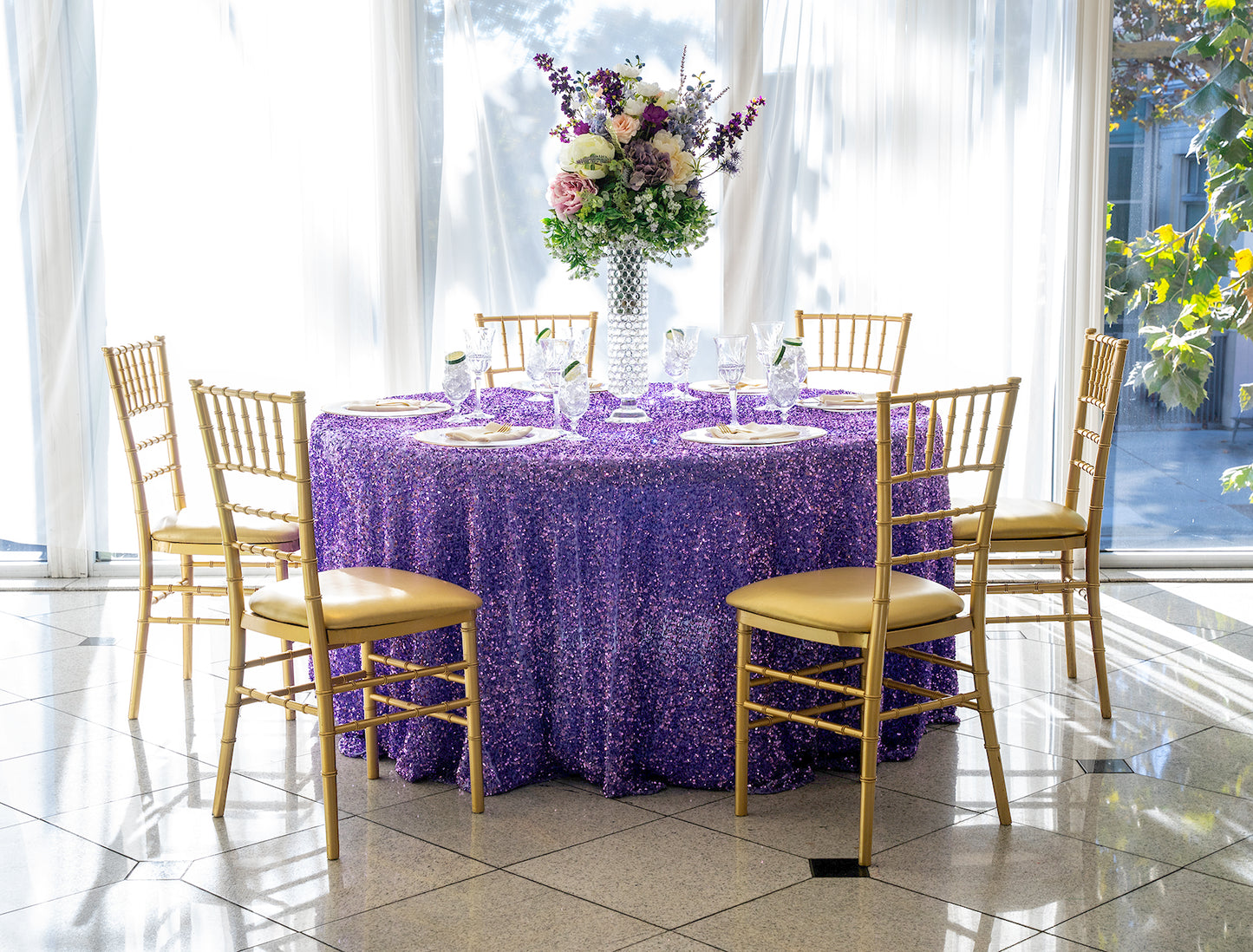 120" Round Sequin on Velvet Tablecloth - Lavender