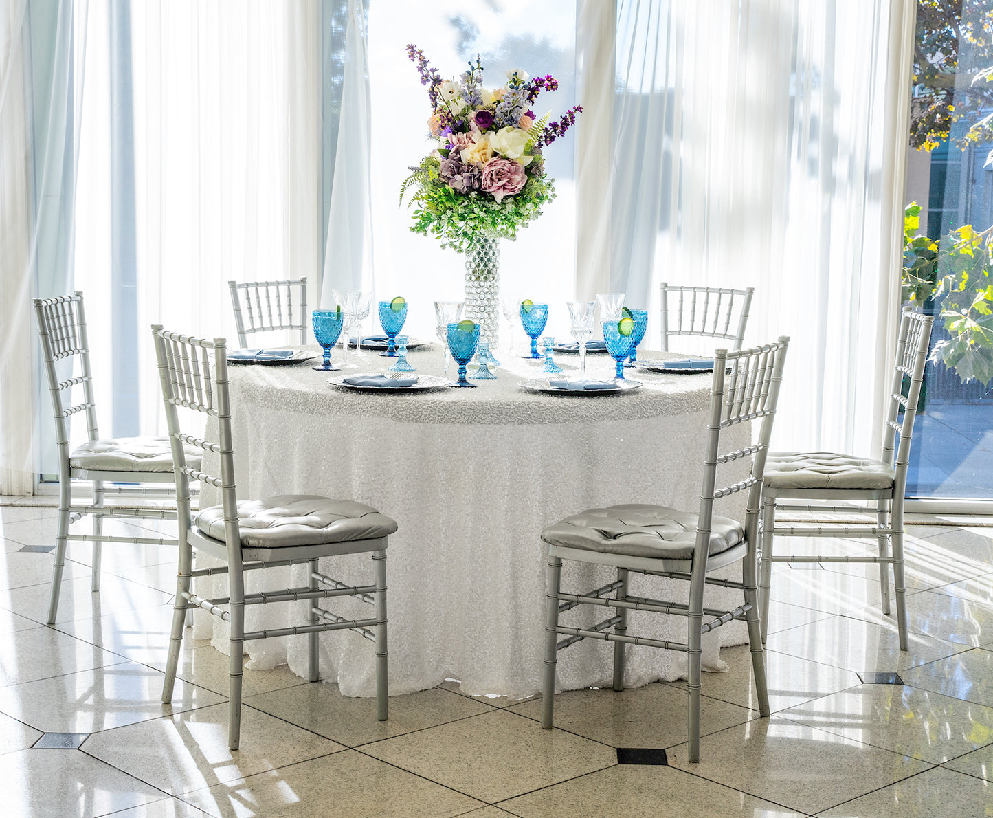 120" Round Sequin on Velvet Tablecloth  - White